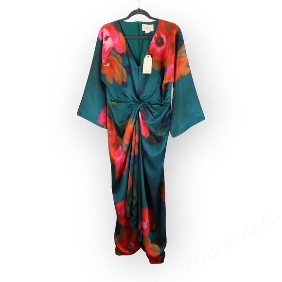 Sz 8 FIGUE Kyle Dress Floral Teal V-Neck Midi Dolman/Kimono TwistFront Satin NEW - Picture 4 of 16